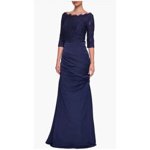 NEW La Femme 24926 Lace and Jersey Trumpet Gown Dress Navy Size 6